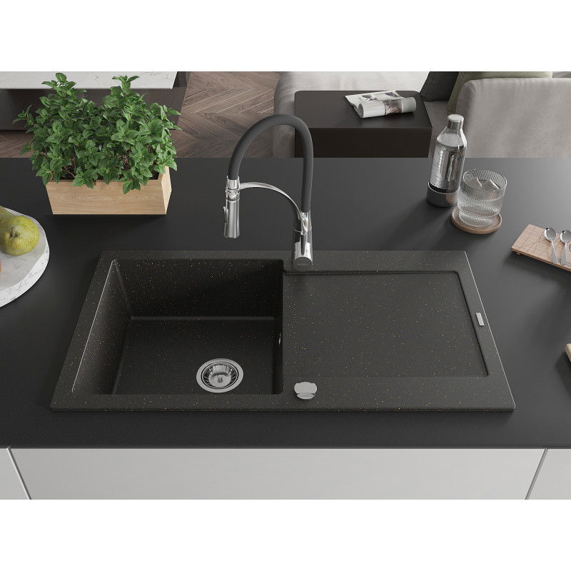 Mexen Leo гранитна мивка 1-компонентна с отцедник и кухненски смесител Aster, черен/златен металик - 6501-75-73450-07