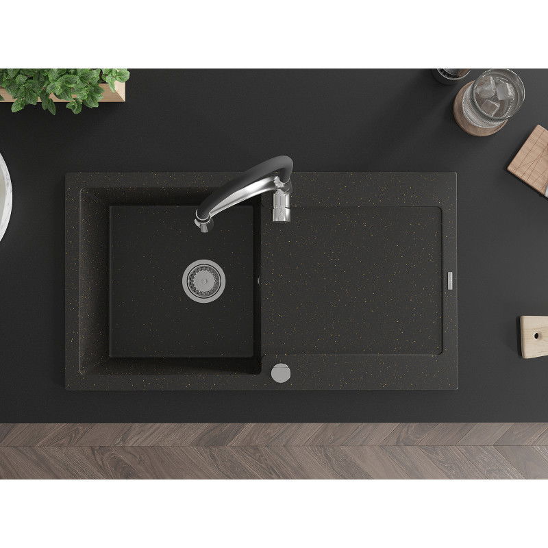 Mexen Leo гранитна мивка 1-компонентна с отцедник и кухненски смесител Aster, черен/златен металик - 6501-75-73450-07