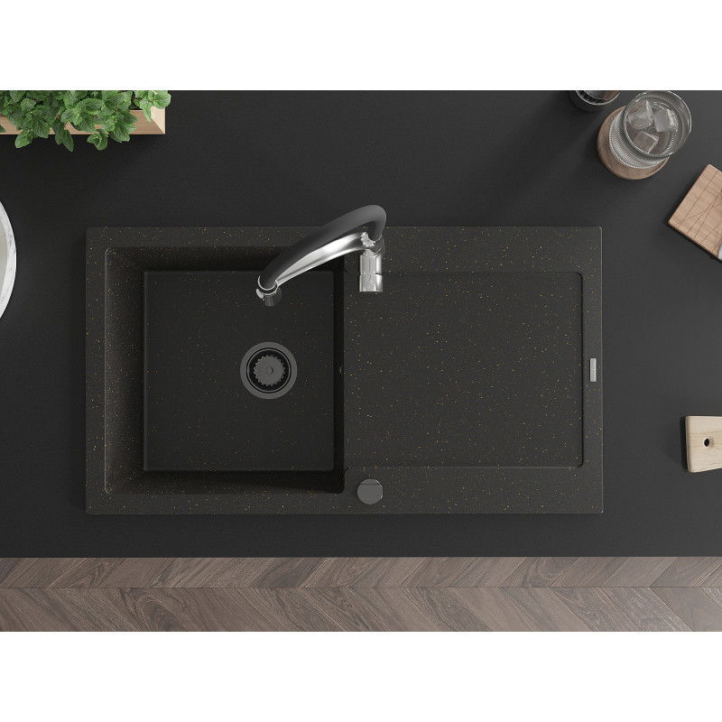 Mexen Leo гранитна мивка с 1 отделение с отцедник и кухненски смесител Aster, черно/златен металик - 6501-75-73450-07-B