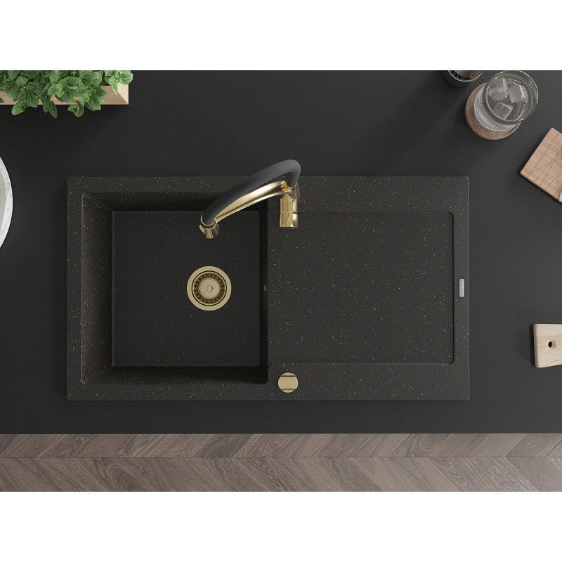 Mexen Leo мивка от гранит с 1 камера с дренаж и кухненски смесител Aster, черен/златен металик - 6501-75-73450-57-G
