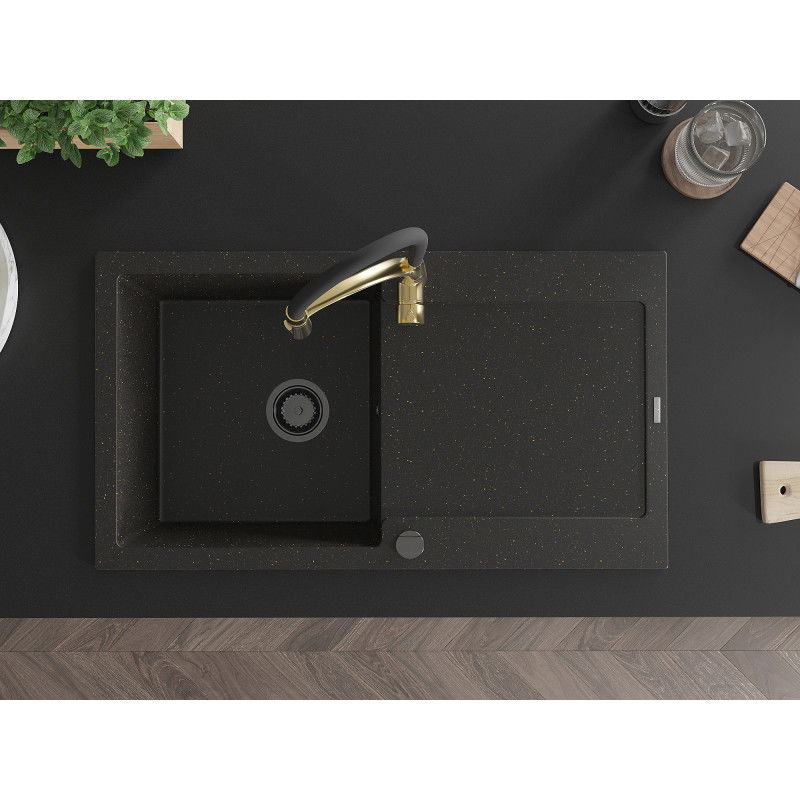 Mexen Leo гранитна кухненска мивка 1-коритна с отцедник и кухненски смесител Aster, черен/златен металик - 6501-75-73450-57-B