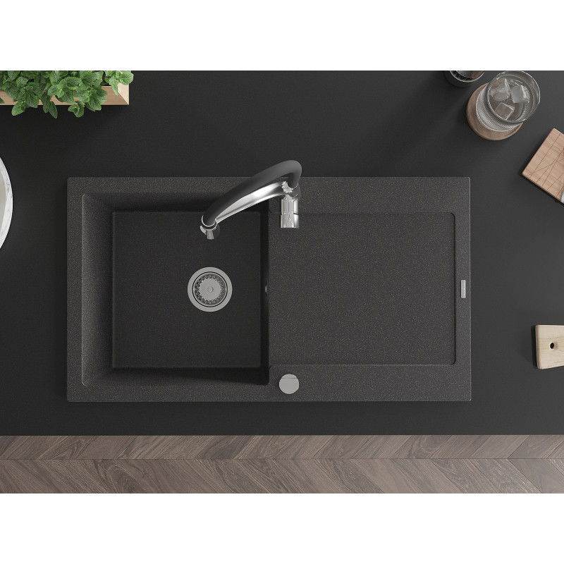 Mexen Leo гранитна кухненска мивка с 1 отделение и отцедник и кухненски смесител Aster, черно петно - 6501-76-73450-07
