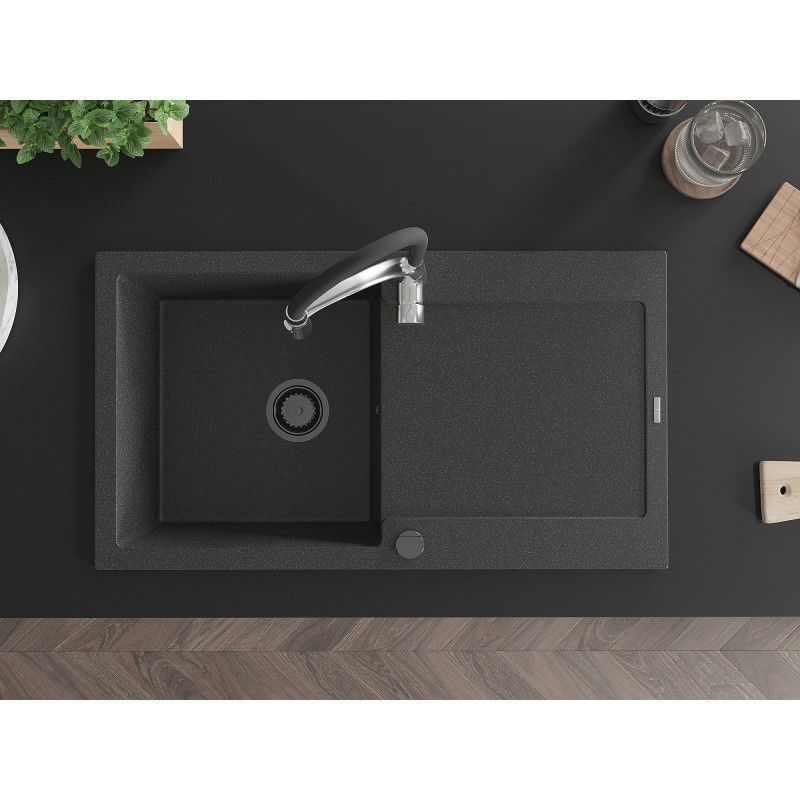 Mexen Leo мивка от гранит с 1 отделение с дренаж и кухненски смесител Aster, черен на пръски - 6501-76-73450-07-B