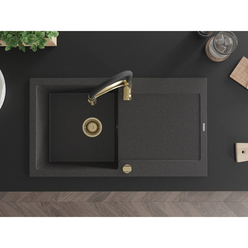 Mexen Leo гранитна мивка с 1 камера и сушилня и кухненски смесител Aster, черен с петна - 6501-76-73450-57-G