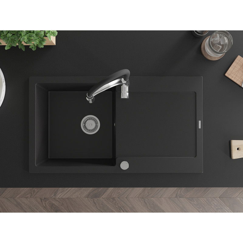 Mexen Leo гранитна мивка с 1 отделение, с отцедник и кухненски смесител Aster, черен - 6501-77-73450-07