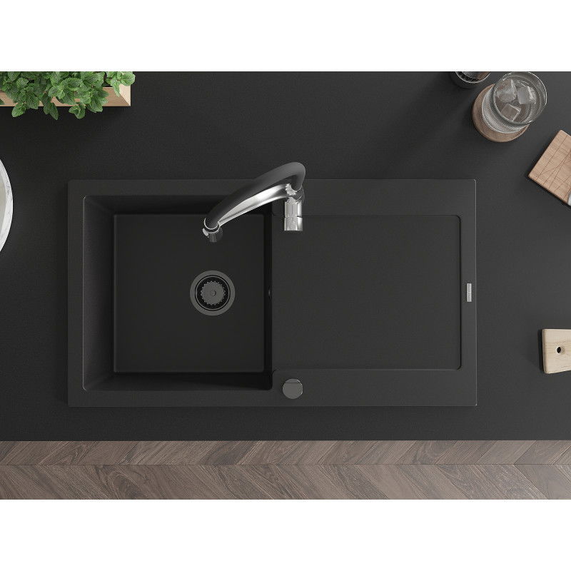Mexen Leo гранитна мивка с 1 камера с отцедник и кухненски смесител Aster, черен - 6501-77-73450-07-B