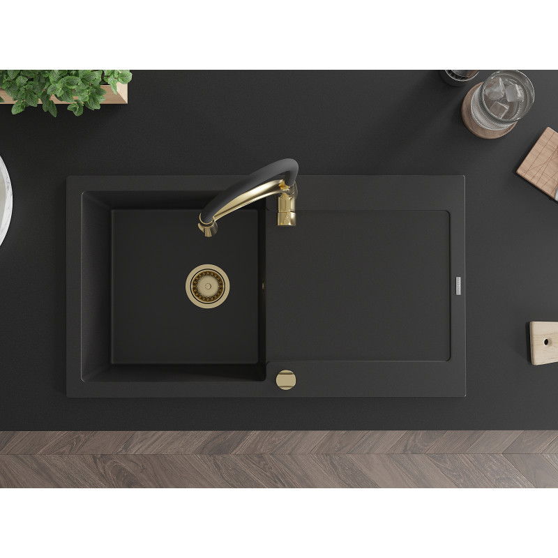Mexen Leo гранитна кухненска мивка с 1 отделение и отцедник и кухненски смесител Aster, черен - 6501-77-73450-57-G