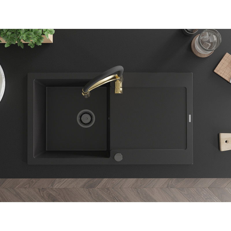 Mexen Leo гранитна кухненска мивка с 1 корито с отцедник и кухненски смесител Aster, черен - 6501-77-73450-57-B