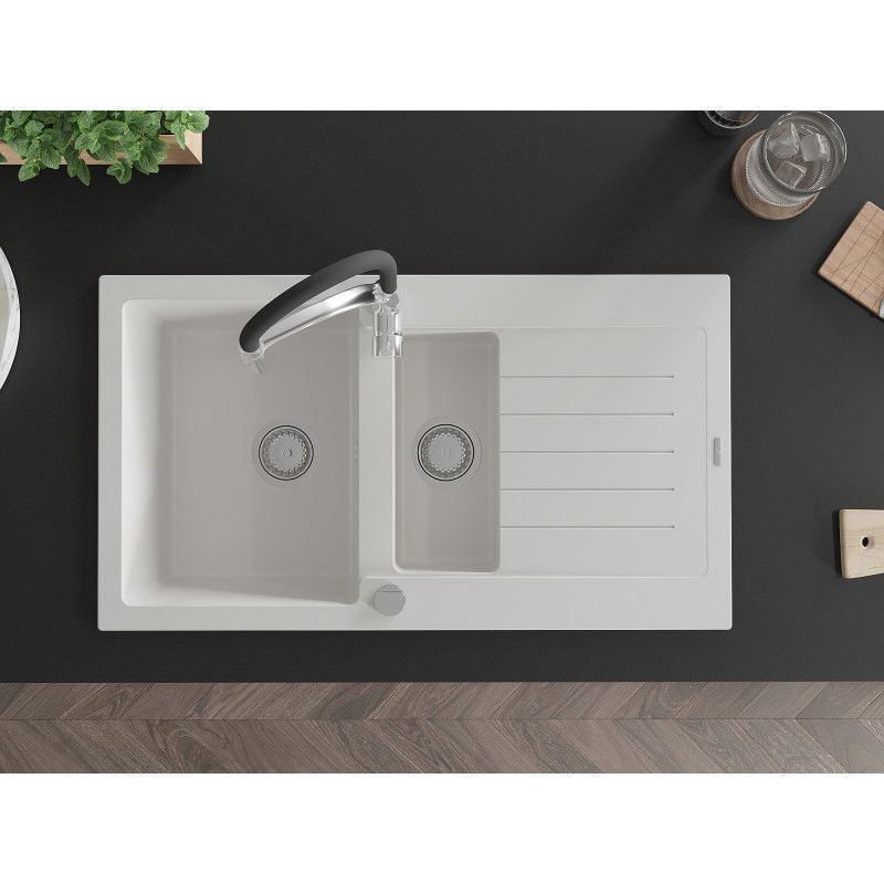 Mexen Matias гранитна мивка 1,5 камера с отцедник и кухненски смесител Aster, бял - 6502-20-73450-07