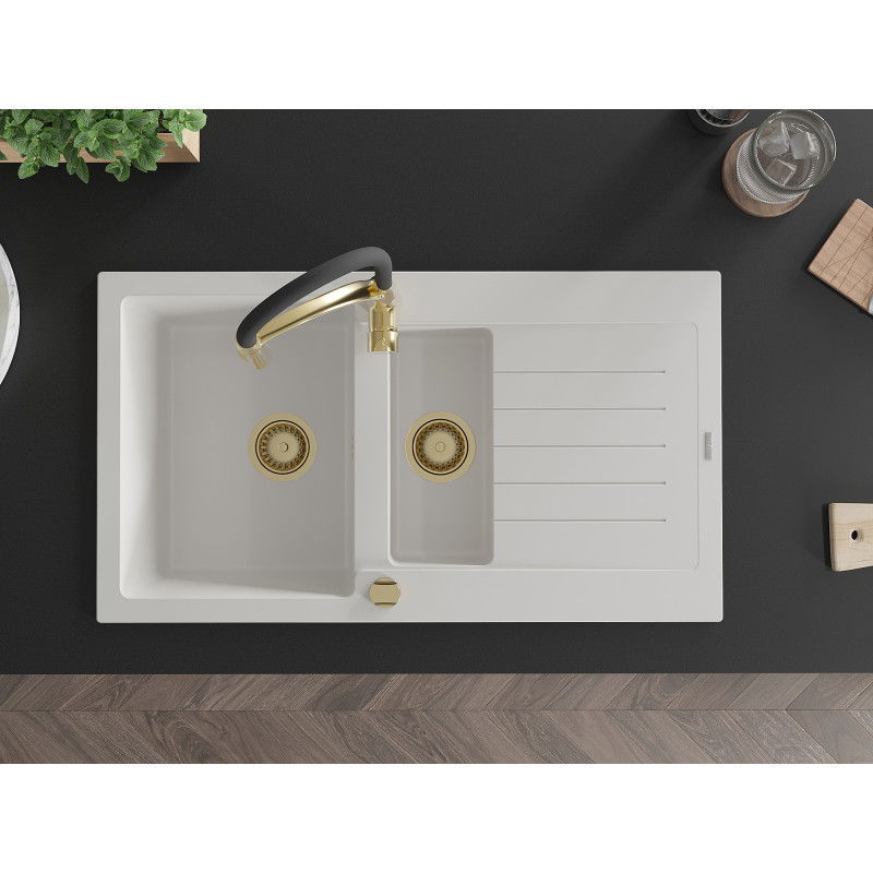 Mexen Matias гранитна мивка 1,5-камерна с отцедник и кухненски смесител Aster, бял - 6502-20-73450-57-G