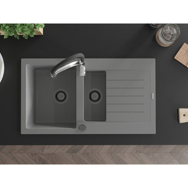 Mexen Matias гранитна мивка 1,5-коморна с отцедник и кухненски смесител Aster, сив - 6502-71-73450-07-B