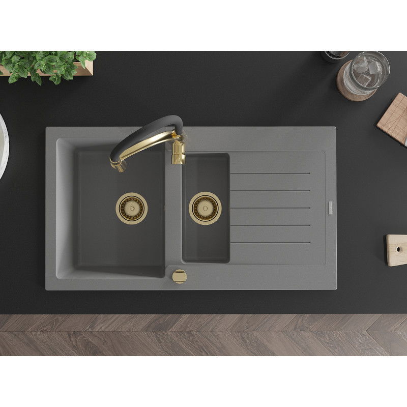 Mexen Matias гранитна мивка с 1,5 камери, отцедник и кухненски смесител Aster, сив - 6502-71-73450-57-G