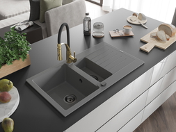 Mexen Matias кухненска мивка гранитна 1,5-коморна с отцедник и кухненски смесител Aster, сив - 6502-71-73450-57-B