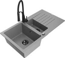 Mexen Matias гранитна мивка 1,5 камери с отцедник и кухненски смесител Aster, сив - 6502-71-73450-70-B