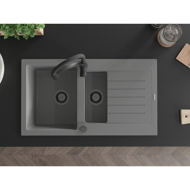Mexen Matias гранитна мивка 1,5 камери с отцедник и кухненски смесител Aster, сив - 6502-71-73450-70-B