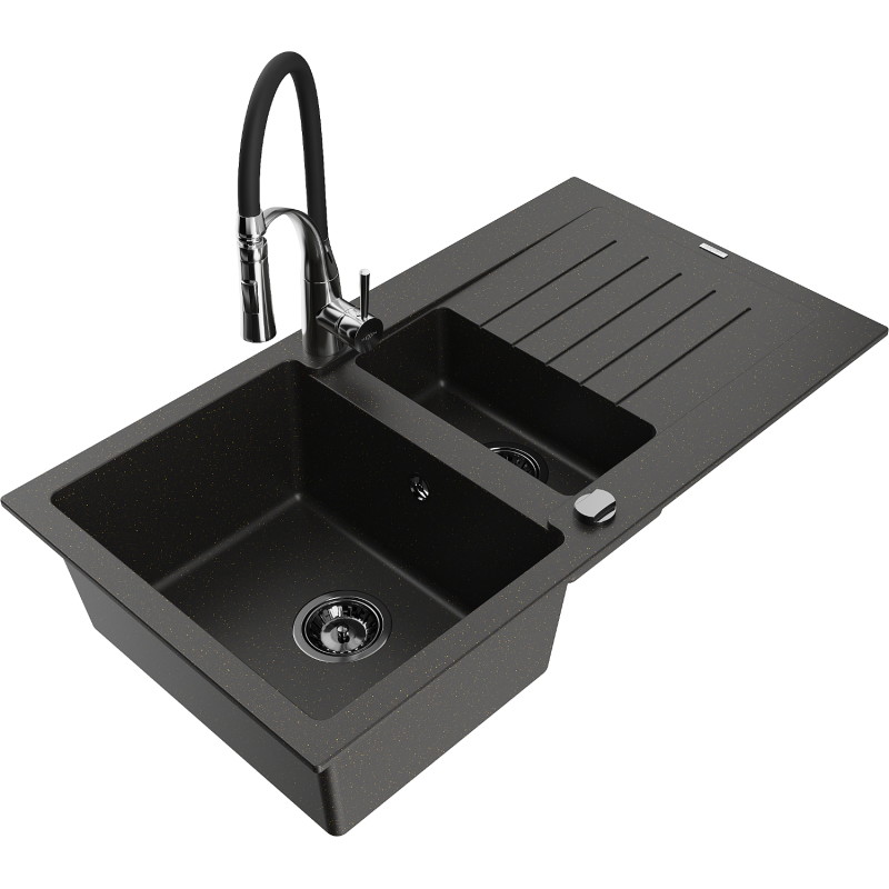 Mexen Matias гранитна мивка с 1,5 камери с отцедник и кухненски смесител Aster,