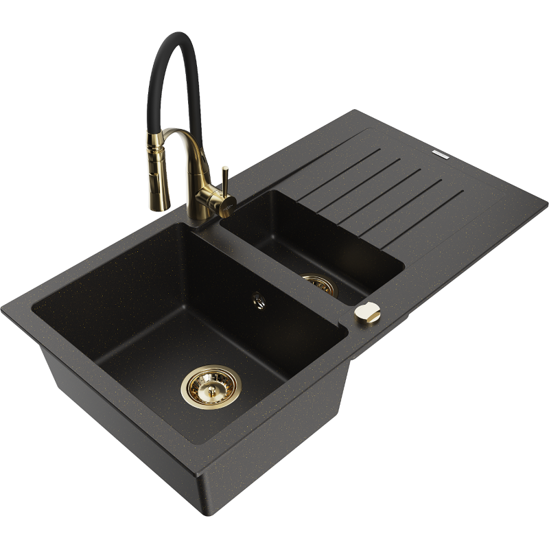 Mexen Matias гранитна мивка с 1,5 камери с отцедник и кухненски смесител Aster,