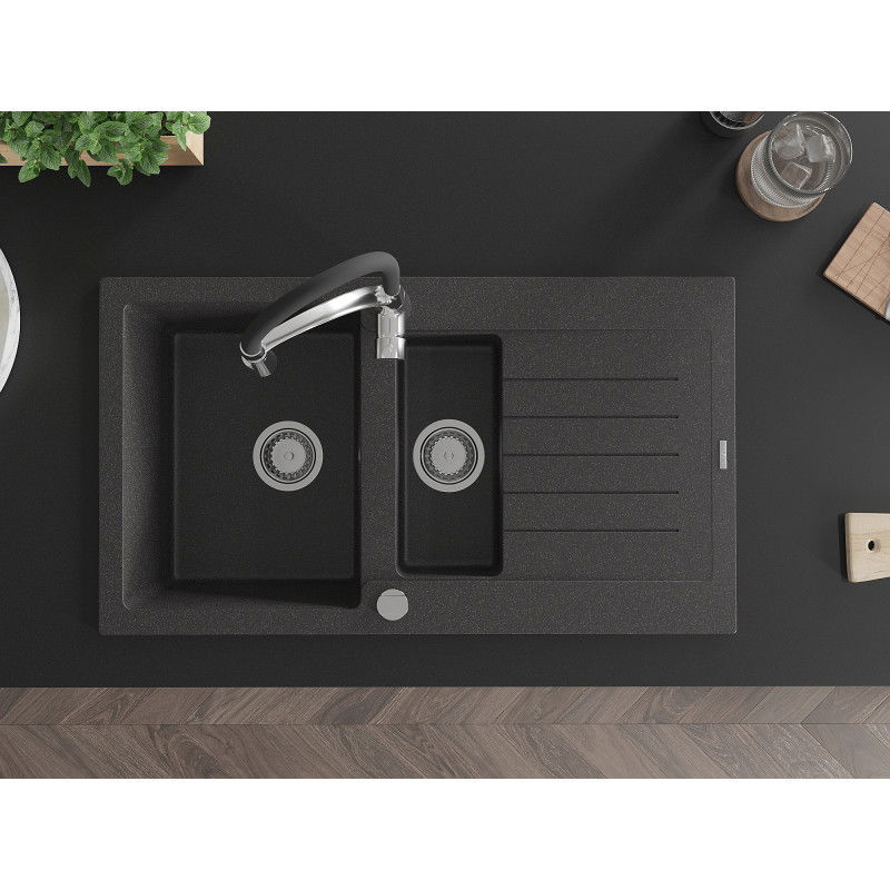 Mexen Matias гранитна мивка с 1,5 камери с отцедник и кухненски смесител Aster, черен на пръски - 6502-76-73450-07