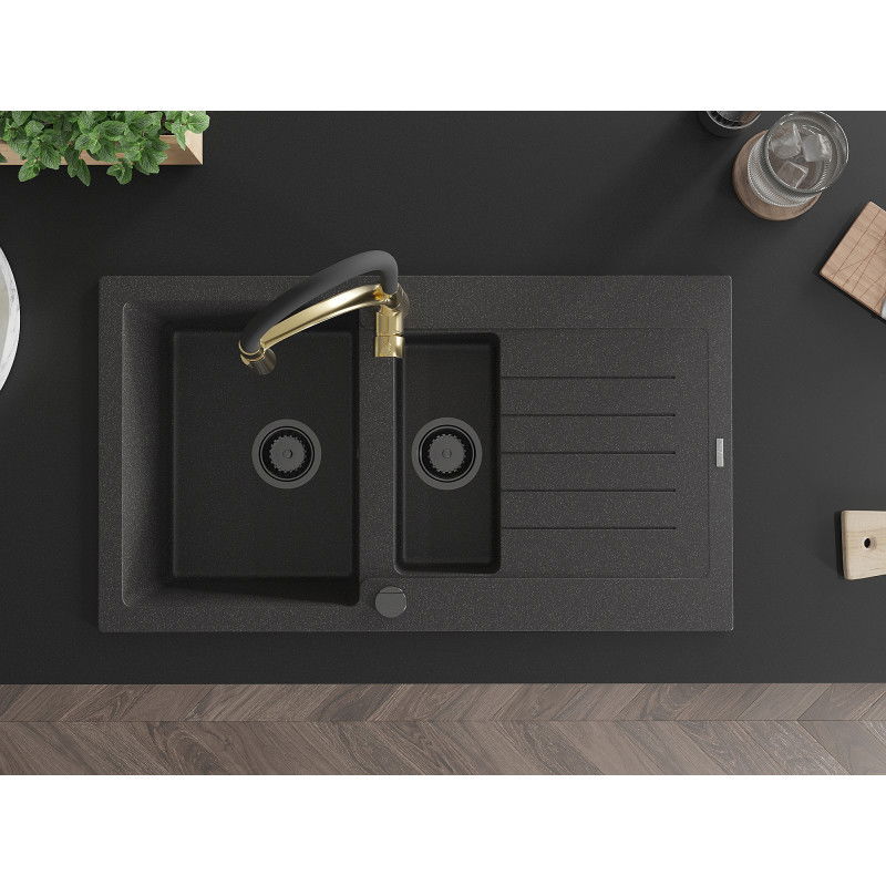 Mexen Matias гранитна мивка 1,5-компактна с отцедник и кухненски смесител Aster, черен на пръски - 6502-76-73450-57-B