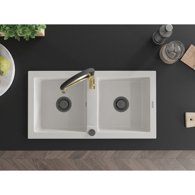 Mexen Mario гранитна мивка с 2 отделения и кухненски смесител Aster, бял - 6504-20-73450-57-B