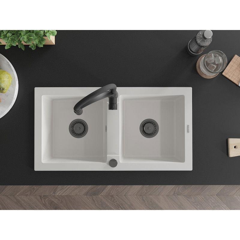 Mexen Mario гранитна мивка с 2 камери с кухненски смесител Aster, бял - 6504-20-73450-70-B