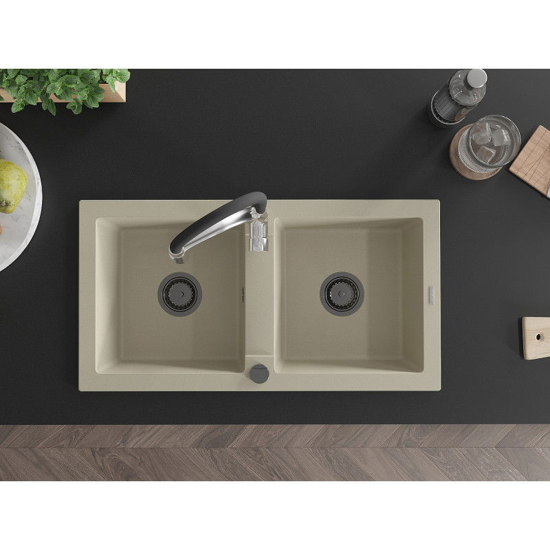 Mexen Mario гранитна кухненска мивка с две корита и кухненски смесител Aster, бежов - 6504-69-73450-07-B