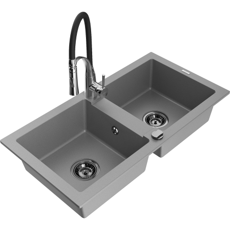 Mexen Mario гранитна двукаморна кухненска мивка с кухненски смесител Aster,