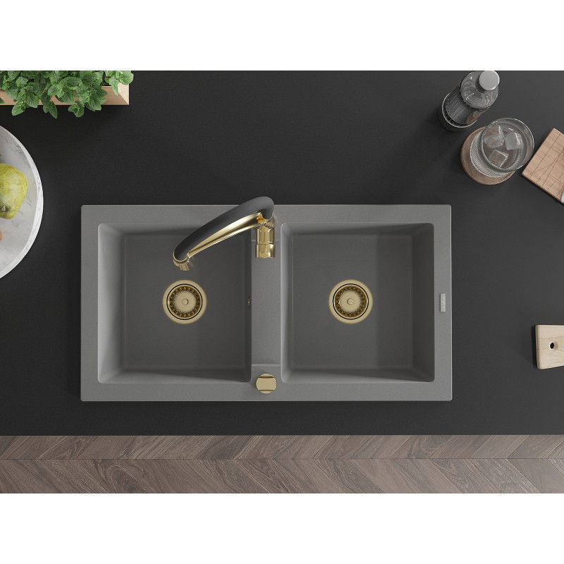 Mexen Mario гранитна мивка с две корита с кухненски смесител Aster, сив - 6504-71-73450-57-G