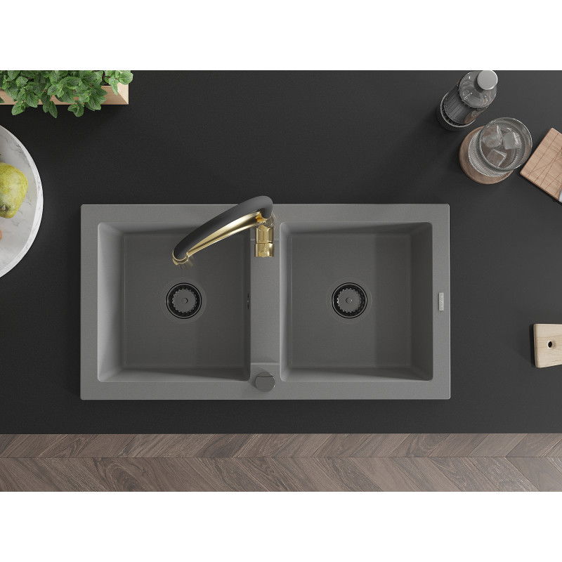 Mexen Mario гранитна мивка с 2 отделения и кухненски смесител Aster, сив - 6504-71-73450-57-B