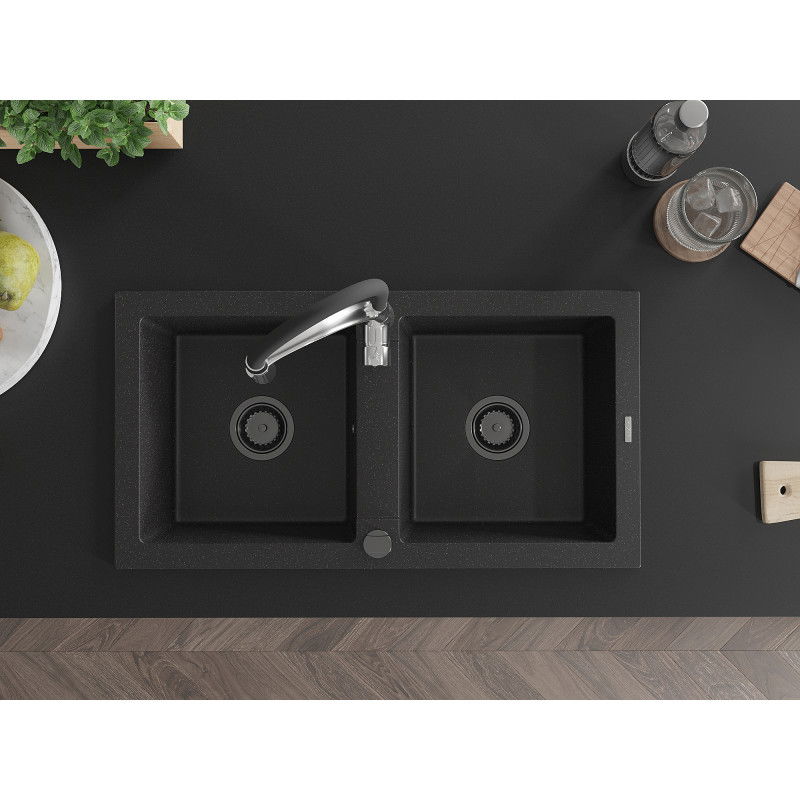 Mexen Mario кухненска мивка от гранит с 2 отделения и кухненски смесител Aster, черен/сребрист металик - 6504-73-73450-07-B