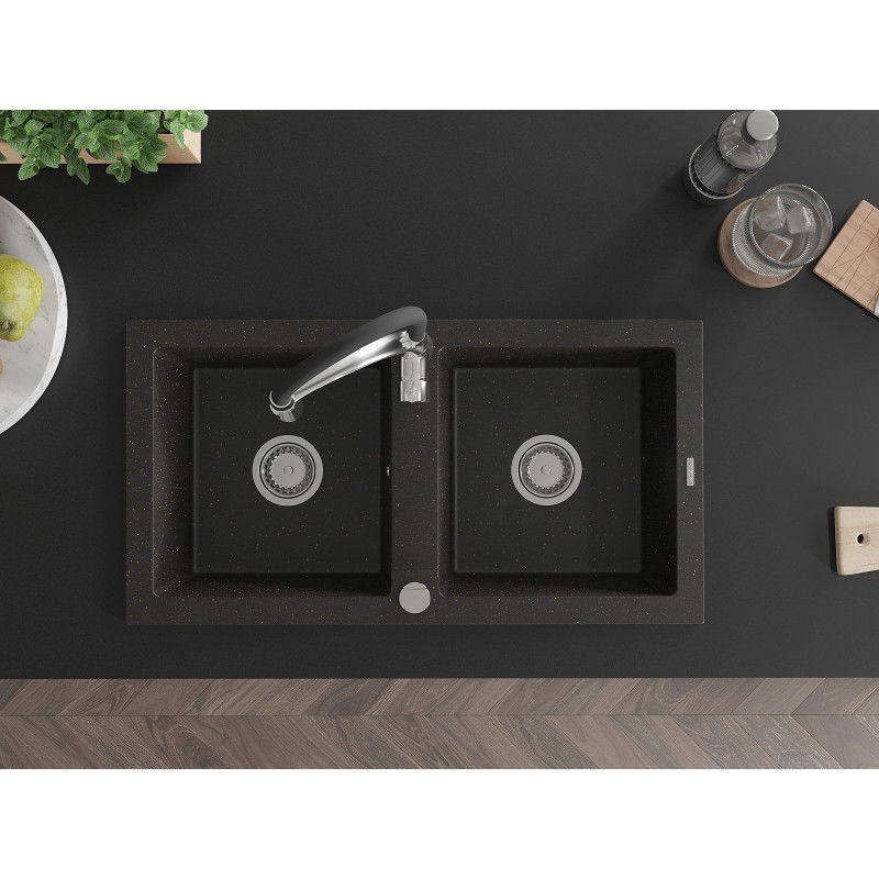Mexen Mario двоен гранитен мивка с кухненски смесител Aster, черен/златен металик - 6504-75-73450-07