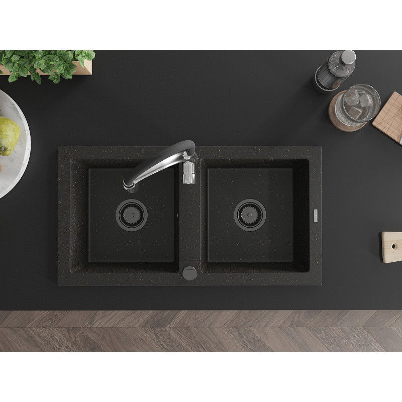 Mexen Mario гранитна мивка с 2 отделения с кухненски смесител Aster, черен/златен металик - 6504-75-73450-07-B