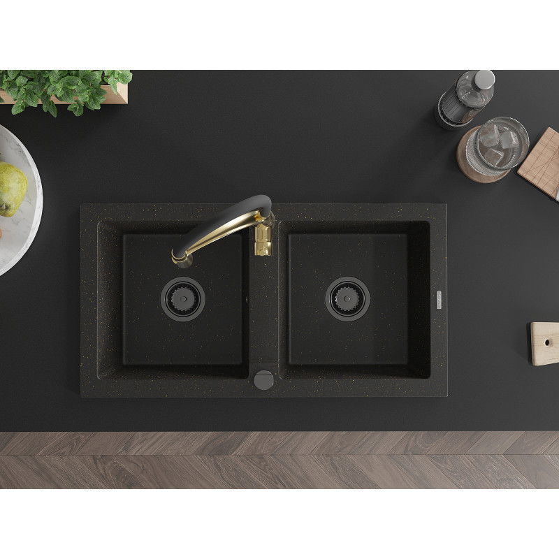 Mexen Mario гранитна кухненска мивка с две корита и кухненски смесител Aster, черен/златен металик - 6504-75-73450-57-B