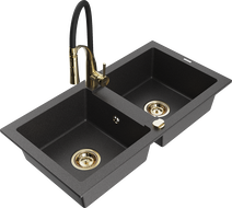 Mexen Mario мивка от гранит с 2 камери с кухненски смесител Aster, черен на пръски - 6504-76-73450-57-G