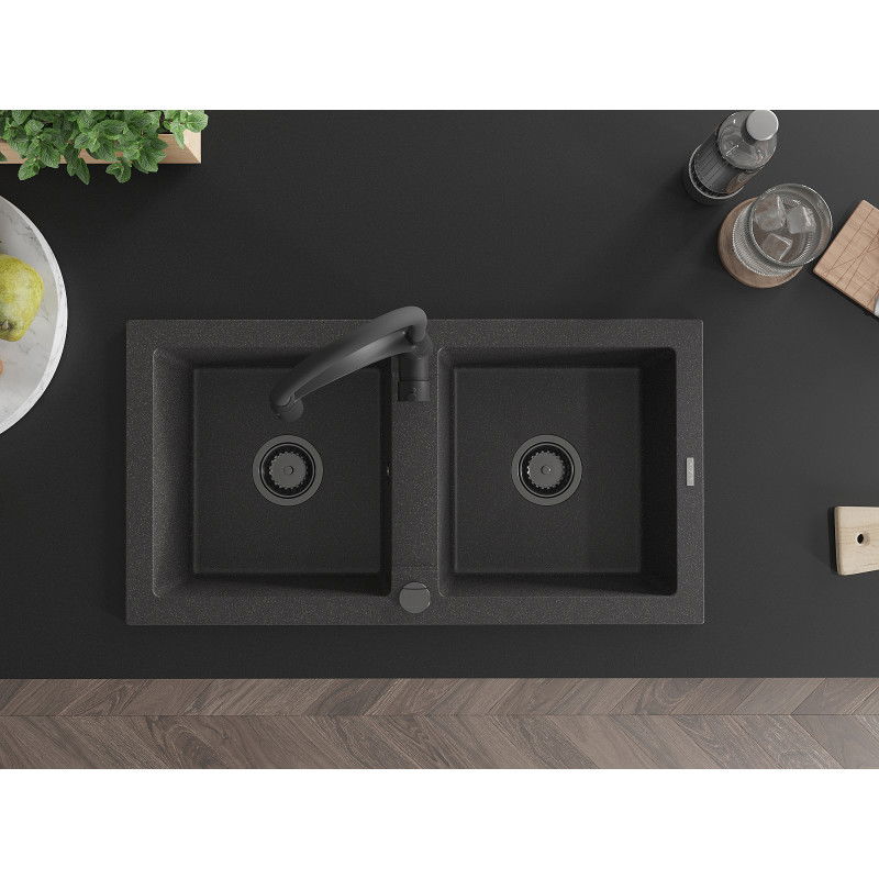 Mexen Mario гранитна кухненска мивка с 2 корита и кухненски смесител Aster, черен на пръски - 6504-76-73450-70-B