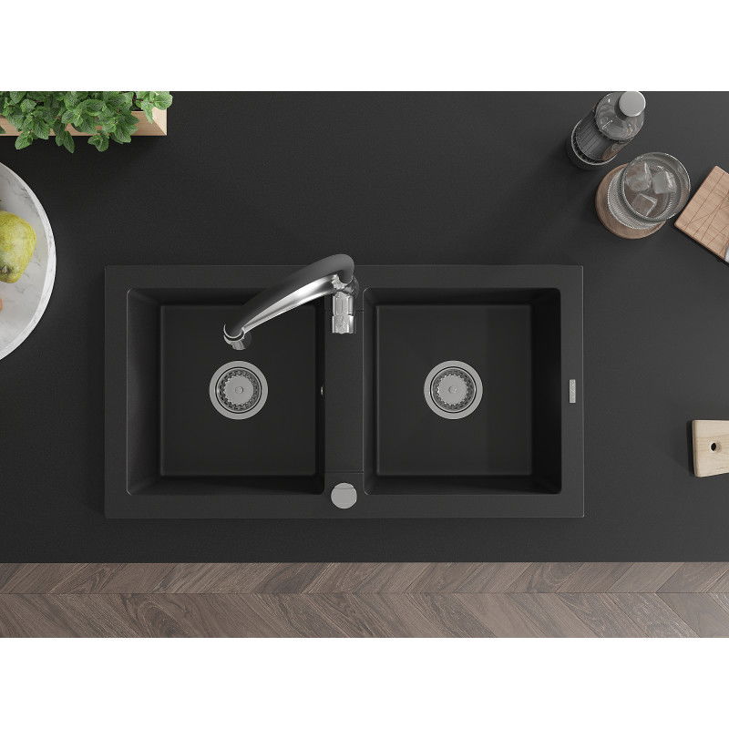 Mexen Mario гранитна мивка с 2 камери и кухненски смесител Aster, черен - 6504-77-73450-07