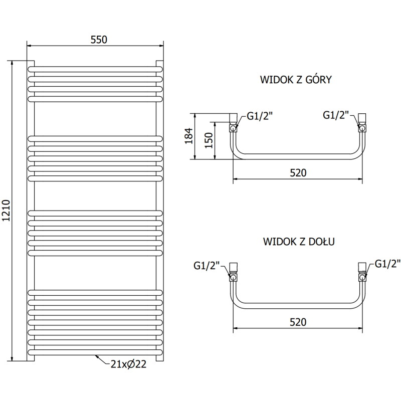 Mexen Apollo Лири за баня 1210 x 550 mm, 641 W, бял - W117-1210-550-00-20