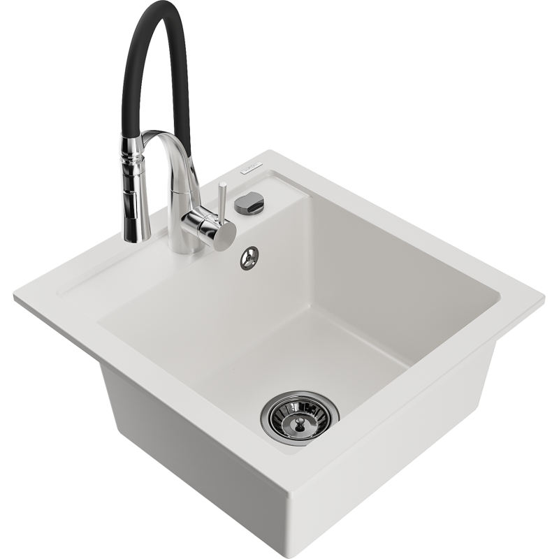 Mexen Vito гранитна мивка с 1 камера с кухненски смесител Aster, бял - 6503-20-73450-07-B
