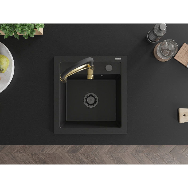 Mexen Vito гранитна кухненска мивка с 1 отделение и кухненски смесител Aster, черен - 6503-77-73450-57-B