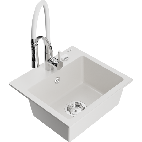 Mexen Milo гранитна мивка с 1 отделение и кухненски смесител Aster, бял - 6505-20-73450-02