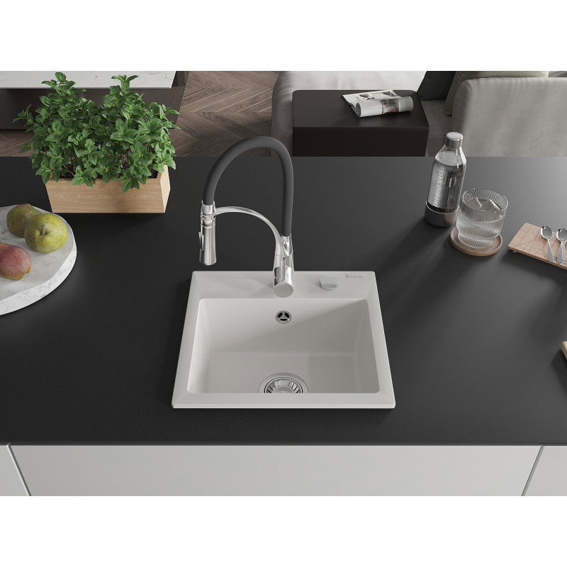 Mexen Milo кухненска мивка от гранит с 1 корито и кухненски смесител Aster, бял - 6505-20-73450-07