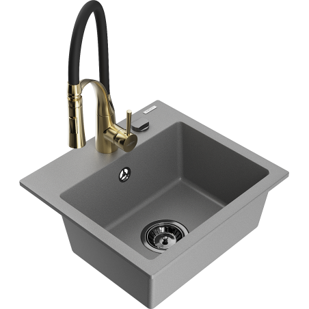 Mexen Milo кухненска мивка от гранит с 1 отделение и кухненски смесител Aster, сив - 6505-71-73450-57-B