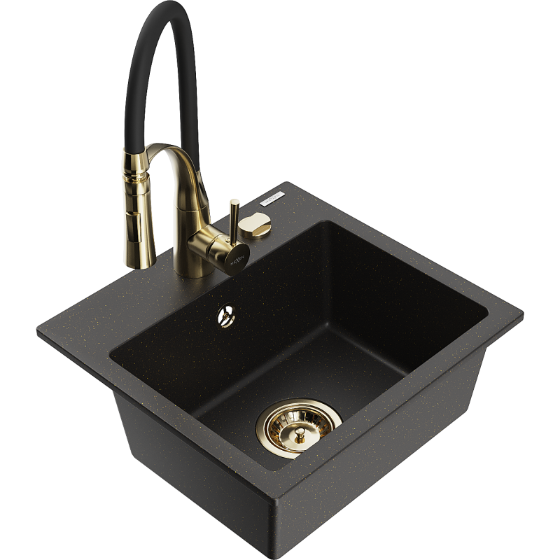 Mexen Milo гранитна мивка с 1 камера с кухненски смесител Aster, черен/златен