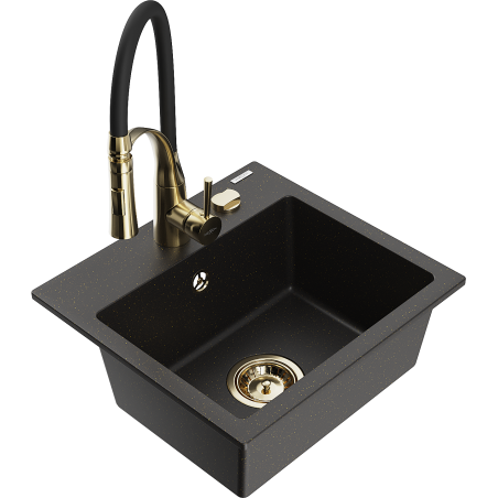 Mexen Milo гранитна мивка с 1 камера с кухненски смесител Aster, черен/златен