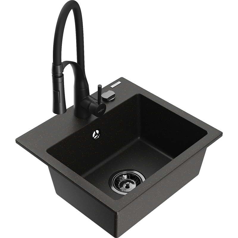 Mexen Milo гранитна мивка с 1 отделение с кухненски смесител Aster, черен/златен металик - 6505-75-73450-70-B