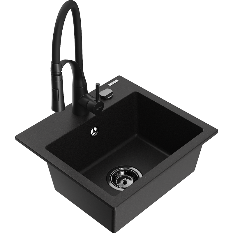 Mexen Milo еднокамерен гранитен мивка с кухненски смесител Aster, черен - 6505-77-73450-70-B