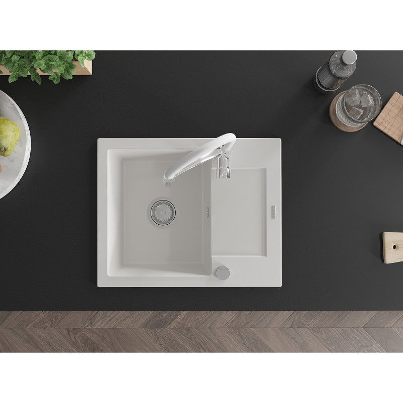 Mexen Enzo гранитна кухненска мивка с 1 отделение, сушилник и кухненски смесител Aster, бял - 6506-20-73450-02