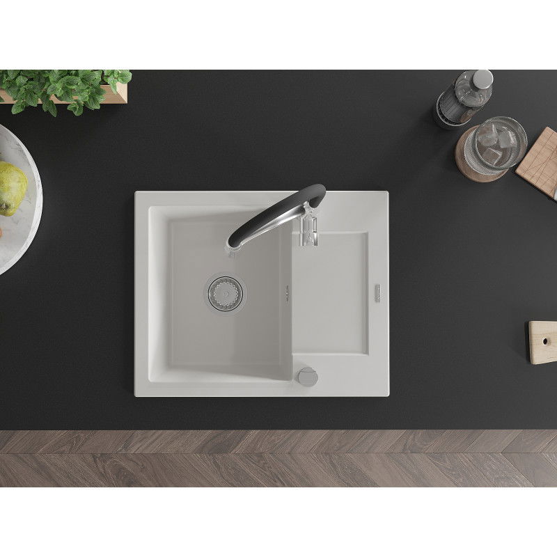 Mexen Enzo гранитна мивка с 1 отделение и отцедник и кухненски смесител Aster, бял - 6506-20-73450-07
