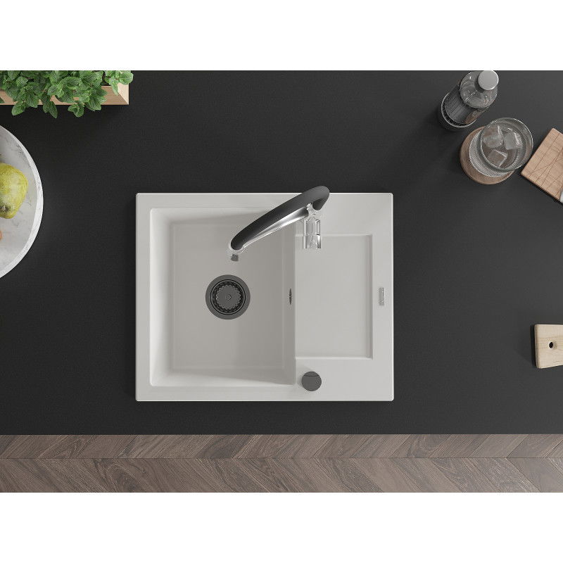 Mexen Enzo гранитна мивка с 1 отделение и отцедник и кухненски смесител Aster, бял - 6506-20-73450-07-B