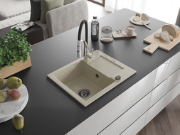 Mexen Enzo гранитна мивка с 1 отделение и отцедник и кухненски смесител Aster, бежов - 6506-69-73450-07-B